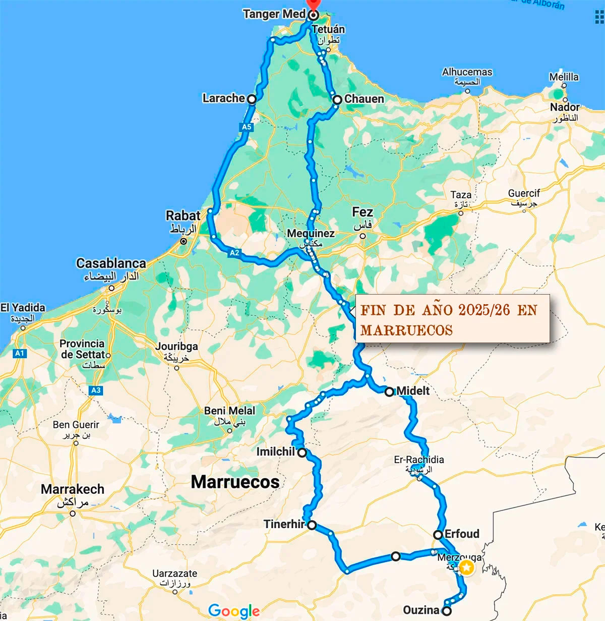 Mapa itinerario Marruecos 4x4 fin de año con Terranatur