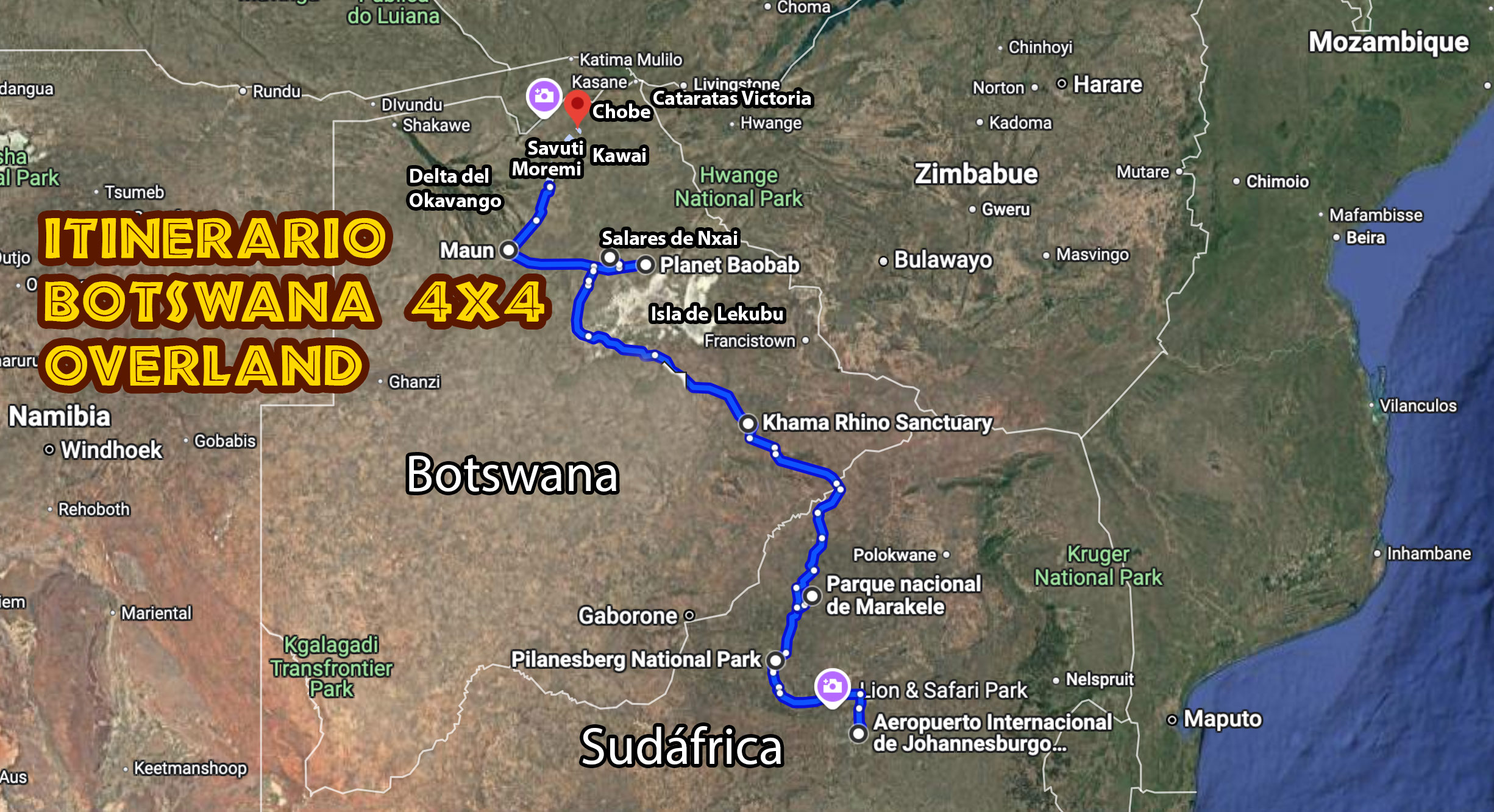 Mapa Expedici&oacute;n a Botswana Overland 4x4 Terranatur